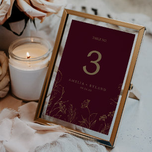 Gilded Blommigt Printable Burgundy Guld Bordsnumme Inbjudningar