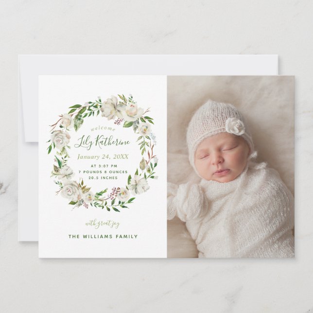 Gilded Blooms Blommigt Baby Photo Birth Notice Meddelande (Framsida)