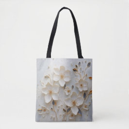 Gilded Blooms: White Tote med Elegant Blommigt Des Tygkasse