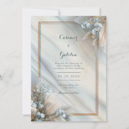 Gilded Blue Floral Cream Fluid Marble Wedding Inbjudningar