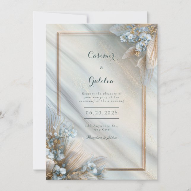 Gilded Blue Floral Cream Fluid Marble Wedding Inbjudningar (Framsida)