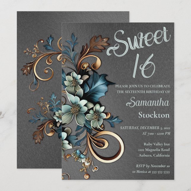 Gilded Botanical with Silver Sweet 16 Investigatio Inbjudningar (Fram/baksida)