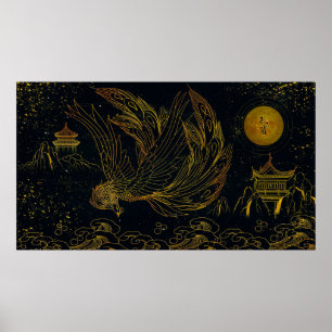 Gilded China Black Guld Peacock Line Teckning Poster