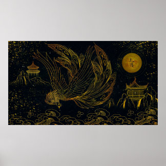 Gilded China Black Guld Peacock Line Teckning Poster