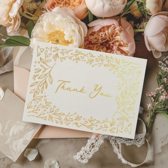 Gilded Garden Möhippa Tack Guld Folierat Kort (Golden floral Thank You greeting cards from the Gilded Garden bridal shower suite.)