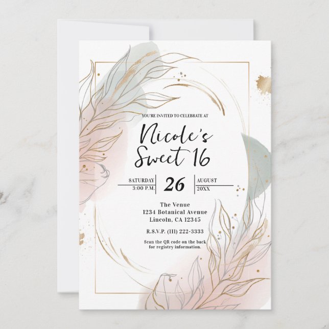 Gilded Gold Sage & Blush Botanical Sweet 16 Inbjudningar (Framsida)
