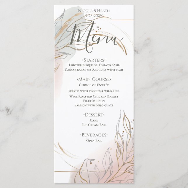 Gilded Gold Sage & Blush Botanical Wedding Meny (Framsida)
