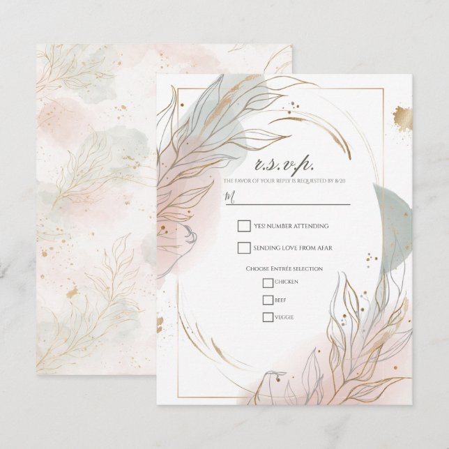 Gilded Gold Sage & Blush Botanical Wedding RSVP Inbjudningar (Fram/baksida)