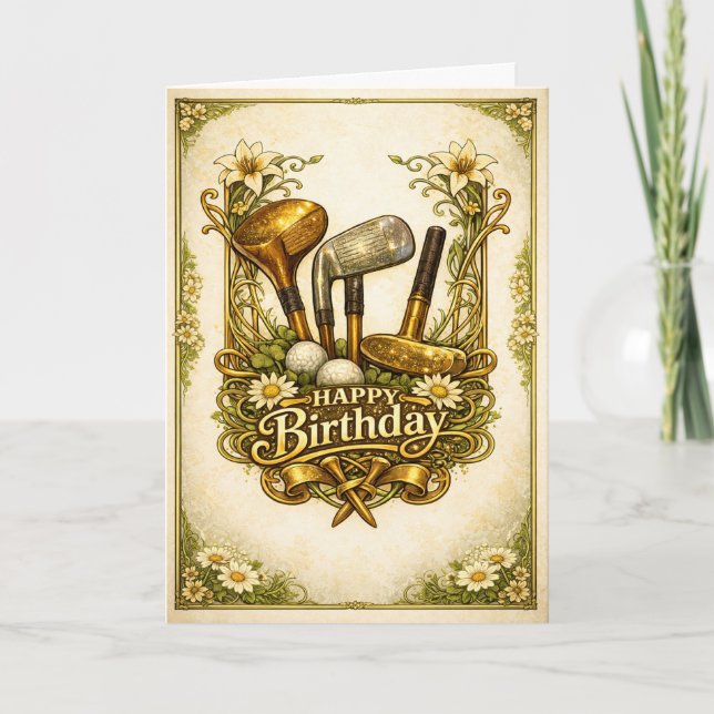 Gilded Golf Antique Birthday Kort (Framsida)