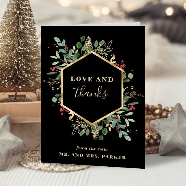 Gilded Greenery Black | Fotojul Bröllop Tack Kort (An elegant thank you card for your Christmas wedding)