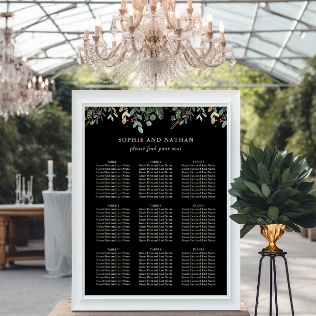 Gilded Greenery Black | Jul Bröllop Poster (An elegant seating chart on black for your Christmas holiday wedding)