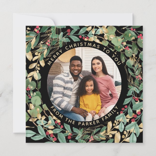 Gilded Greenery Black | Utandning och fotopul Julkort (Framsida)