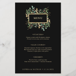 Gilded Greenery on Black | Christmas Wedding Menu Flygblad