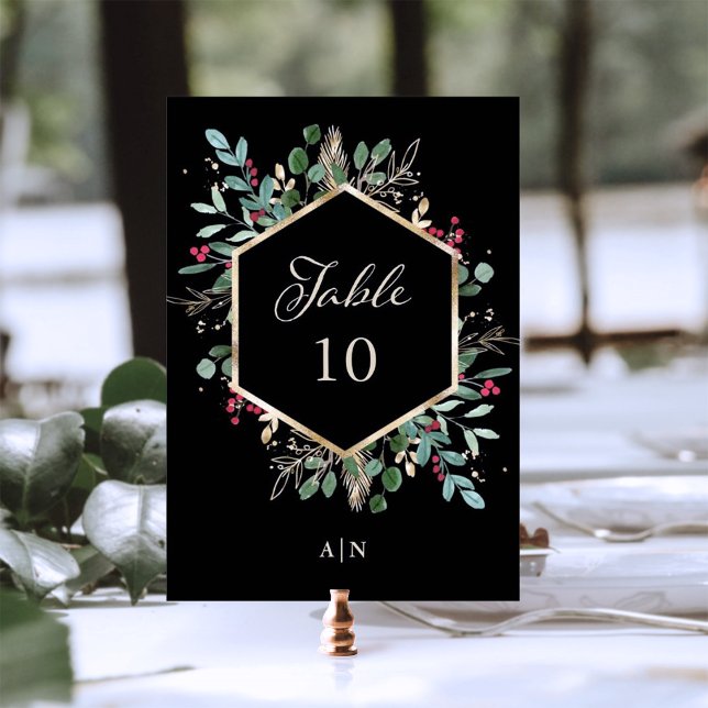 Gilded Greenery on Black | Jul Bröllop Bordsnummer (An elegant, dark black Christmas wedding table number card)