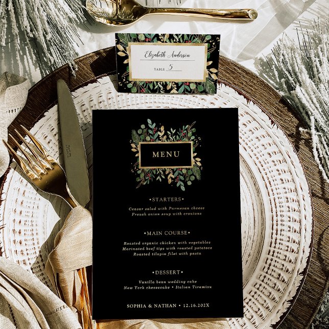 Gilded Greenery on Black | Jul Bröllop Menu Meny (A glamorous holiday wedding menu in dark black with elegant gold accents)
