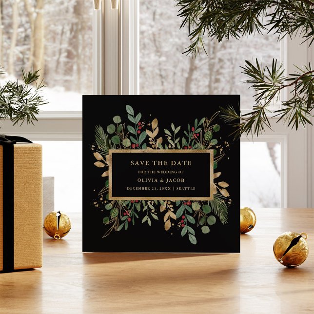 Gilded Greenery on Black | Julfoto, Helgdag Spara Datumet (A festive and elegant save the date card, with your photo on the back)