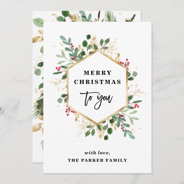 Gilded Greenery on White | GOD JUL Julkort (Fram/baksida)