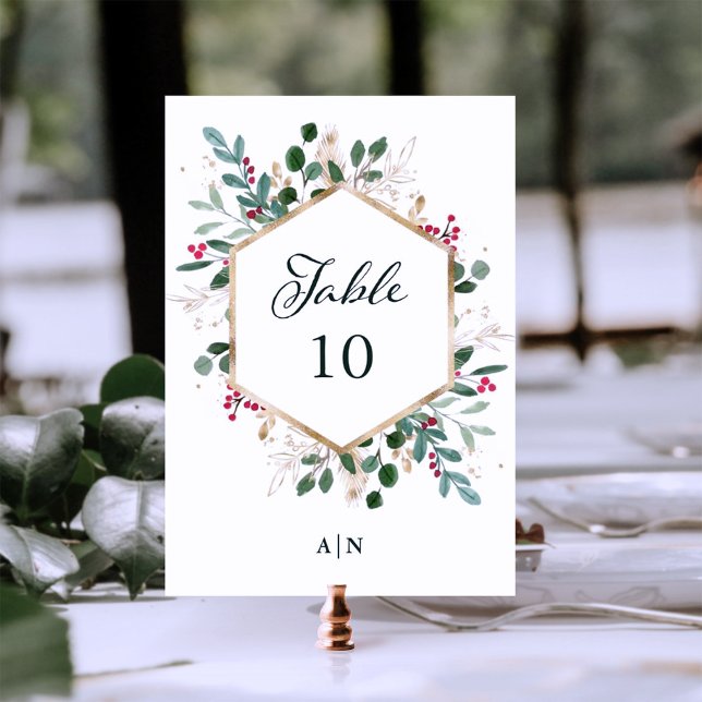 Gilded Greenery on White | Jul Bröllop Bordsnummer (A modern and elegant holiday wedding table card with stunning faux gold accents)