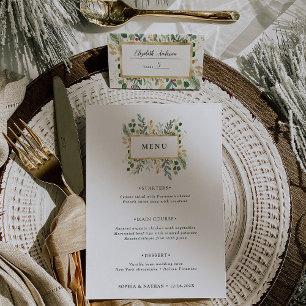 Gilded Greenery on White Jul Bröllop Menu Meny