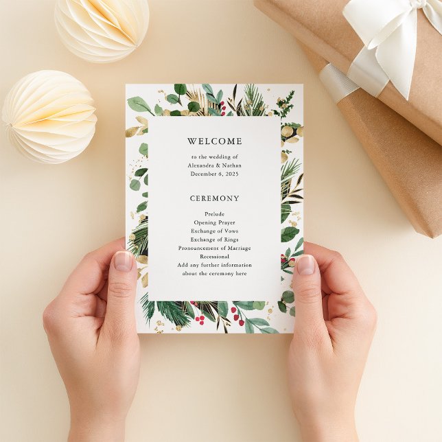 Gilded Greenery White | HELGDAG BRÖLLOP Program (An elegant program for your Christmas holiday wedding, in white with gold accents)
