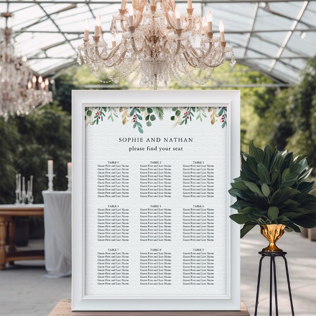 Gilded Greenery White | Jul Bröllop Poster (An elegant seating chart for your Christmas holiday wedding)