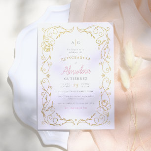 Gilded Guld Blommigt Ram Elegant Quinceañera Phot Inbjudningar