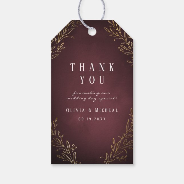 Gilded guld burgundy botanical elegant bröllop presentetikett (Framsidan)