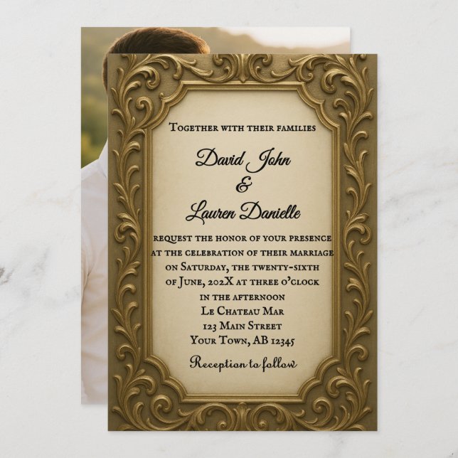 Gilded in Gold Photo Wedding Invitation Inbjudningar (Fram/baksida)