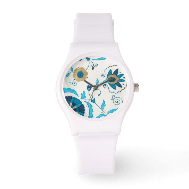 Gilded Indigo Flowers with White Background Armbandsur (Framsida)