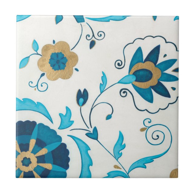 Gilded Indigo Flowers with White Background Kakelplatta (Framsidan)