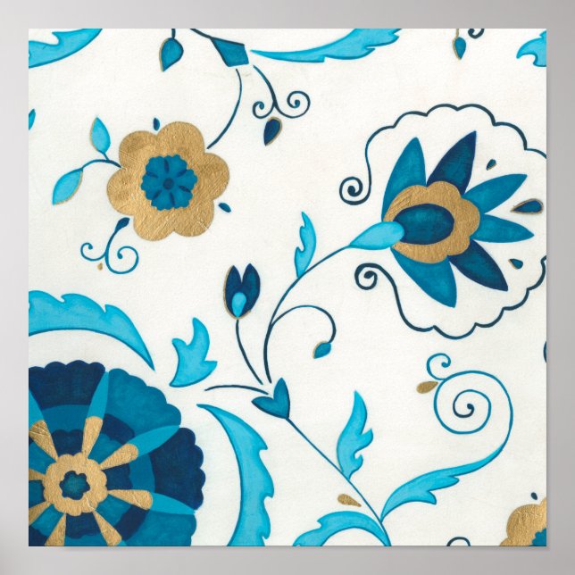 Gilded Indigo Flowers with White Background Poster (Framsidan)