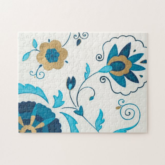 Gilded Indigo Flowers with White Background Pussel (Horisontell)