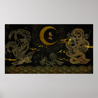 Gilded Line Teckning Chinese Phoenix and Dragon Poster