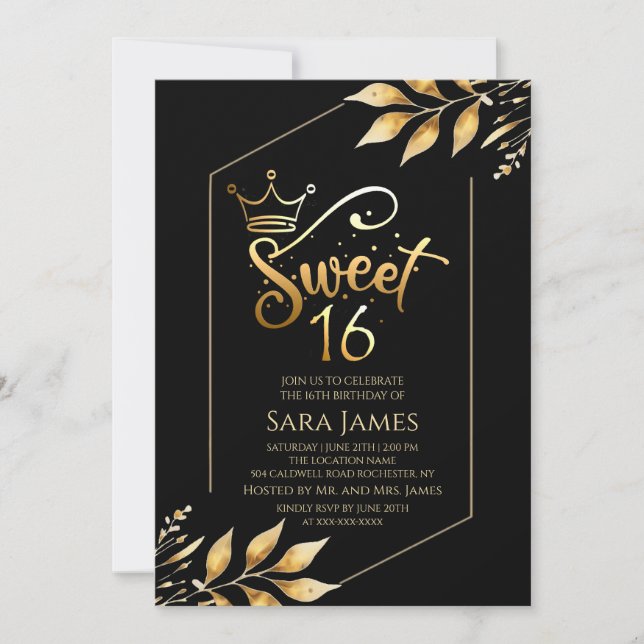 Gilded Majesty Black & Gold Sweet 16 Invitation Inbjudningar (Framsida)