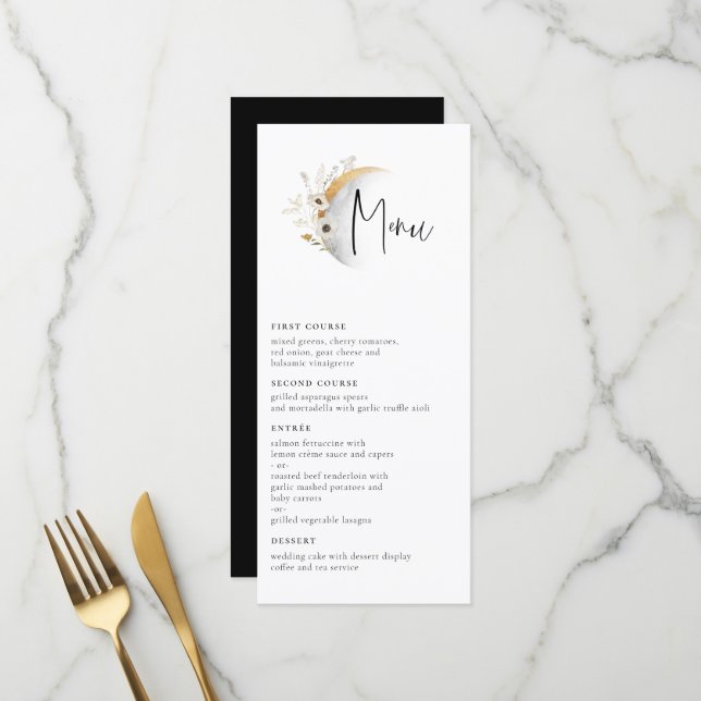 Gilded Måne Boho Blommigt Bröllop Menu Meny (Fram/Back In Situ)