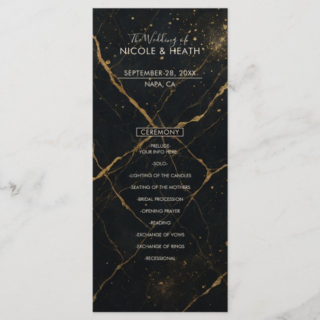 Gilded Midnight Marble Black & Guld Bröllop Menu Meny (Framsida)