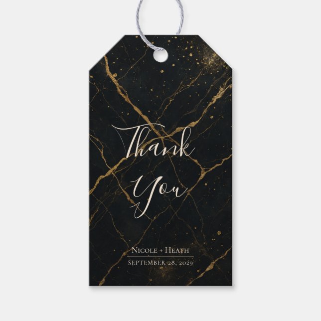 Gilded Midnight Marble Black & Guld Bröllop Presentetikett (Framsidan)