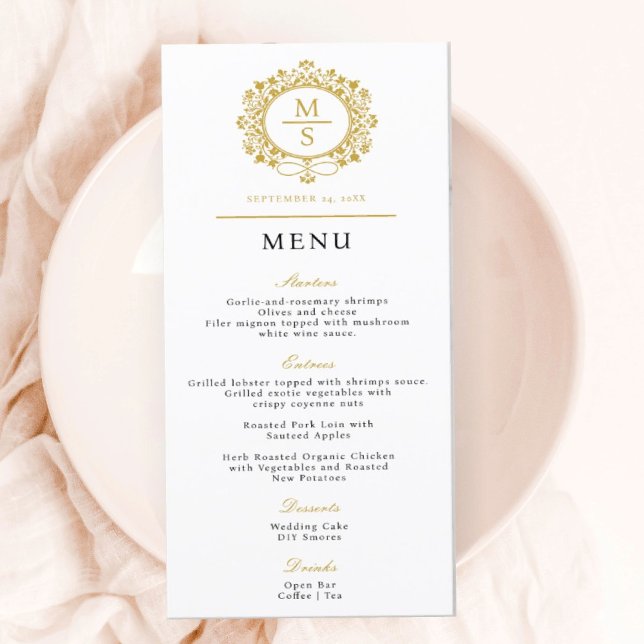 Gilded Monogram Bröllop Menu Meny (I wish you happiness!)