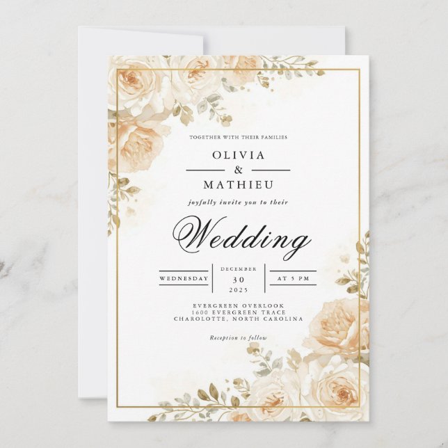 Gilded Peach Blommar Romantik Bröllop Inbjudningar (Framsida)