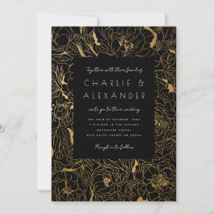 Gilded Peonies Black och Guld Inbjudningar