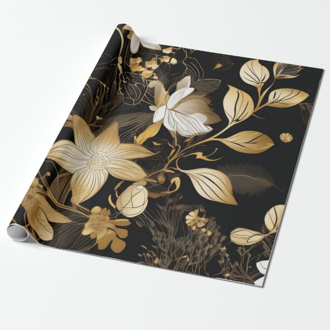 Gilded Petals: Blommigt Black & Guld Presentpapper (Utrullad)