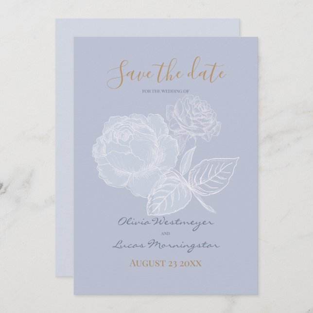 Gilded Ro Dusty Blue Watercolor Spara datum Inbjudningar (Fram/baksida)