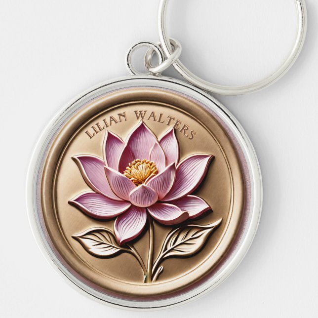Gilded Rosa Lotus Faux 3D Guld Vax Seal Rund Silverfärgad Nyckelring (Framsidan)