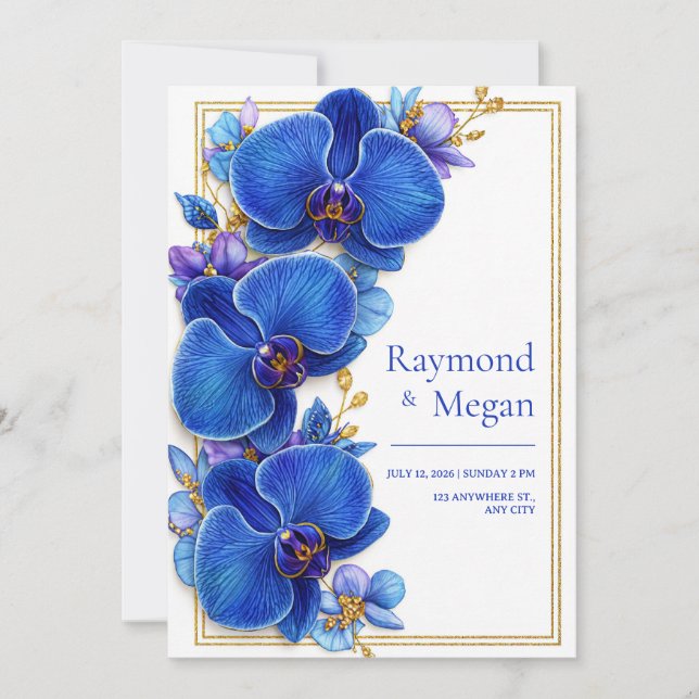 Gilded Royal Blue Orchid Botanical Wedding Inbjudningar (Framsida)