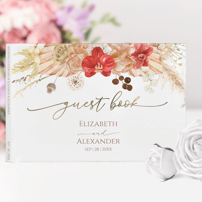 Gilded Watercolor Boho Blommigt Bröllop Guest Bok (Skapare uppladdad)