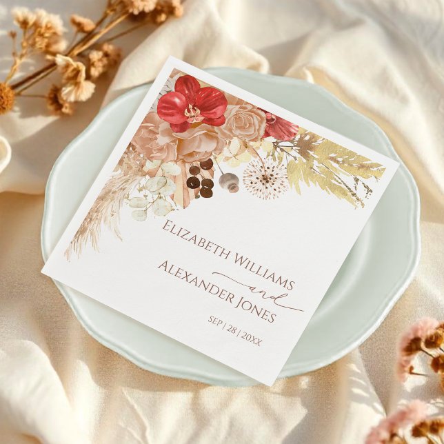 Gilded Watercolor Boho Blommigt Bröllop Napkins Pappersservett (Skapare uppladdad)