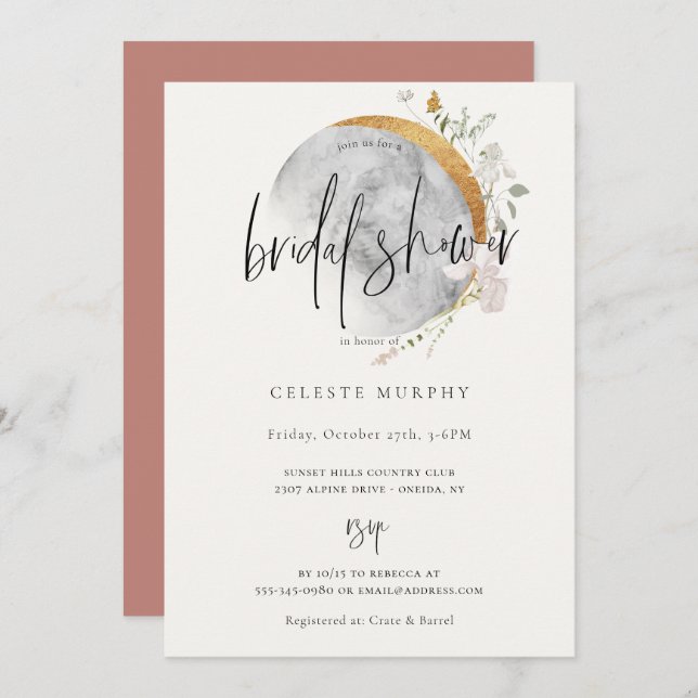 Gilded Wildblomma Måne Inbjudningskort för möhippa (Fram/baksida)