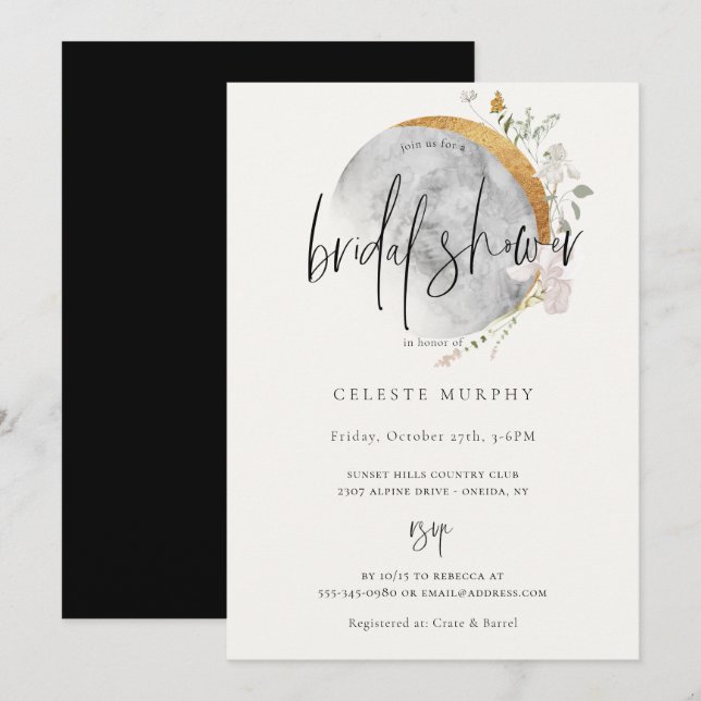 Gilded Wildblomma Måne Inbjudningskort för möhippa (Fram/baksida)