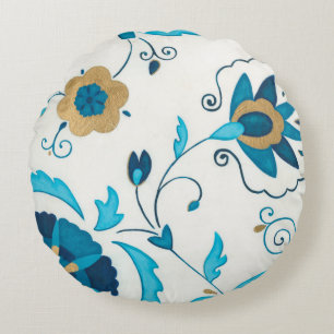 Giled Indigo Flowers med vit bakgrund Rund Kudde