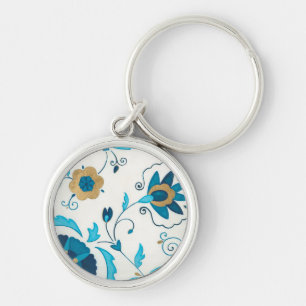 Giled Indigo Flowers med vit bakgrund Rund Silverfärgad Nyckelring